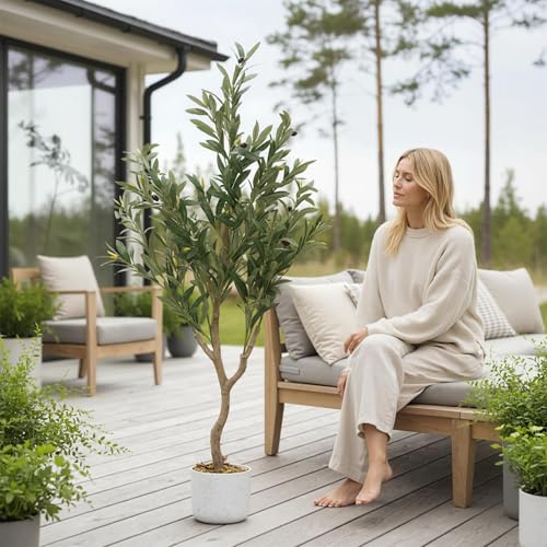 Faux Olive Tree 4FT, Olive Plant Trees Artificial Indoor with Wood Trunk and Realistic Leaves and Fruits, 48in Fake Floor Plants Olive Tree for Home House Office Décor
