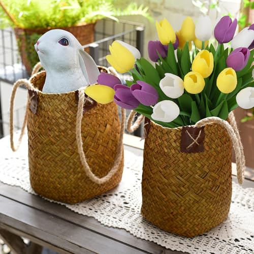 Artificial Tulips Flowers Fake Latex Tulip Stems - 56pcs Real Touch Faux Multicolor Tulips Flower for Spring Wedding Bouquet Centerpiece Floral Arrangement Cemetery Table Decor - color: White,yellow,purple 01