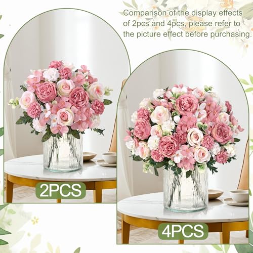 4 Packs Peonies Artificial Flowers Silk Pink Artificial Peonies Bouquet Fake Flower Arrangements Mixed Roses Hydrangea with Stems for Centerpiece Table Wedding Bridal Bouquets Home Decor - color: Pink