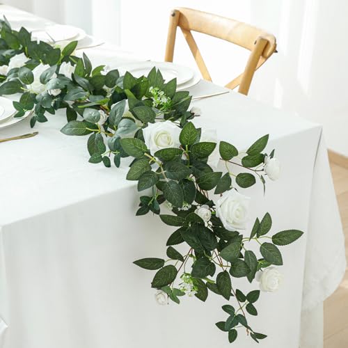 2 Pack 11.2 Ft Artificial Flower Garland with White Roses, Realistic Fake Greenery Vines with 17 Roses Flowers for Wedding Table Centerpieces Arch Party Ceremony Backdrop Decor(White) - color: White