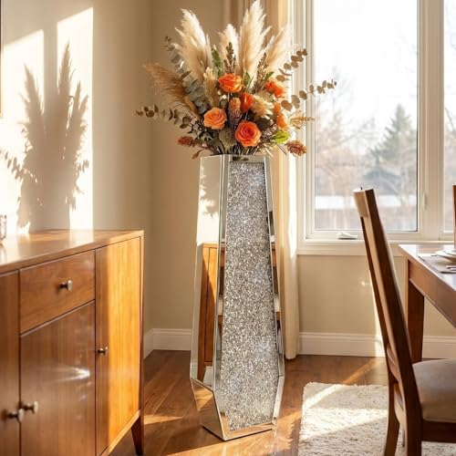36" Extra Tall Double Sided Crushed Diamond Vases,Six Sided Three-Dimensional Diamond Vase,Extra Large Mirrored Silver Crystal Vase for Home,Office,Hotel(10.6" Lx5.37 W x 36" H) - size: Crushed Diamond:10.6''L X 5.37''W X 36''H