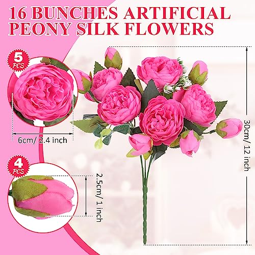 Yunlly 16 Packs Artificial Peony Flowers Faux Peonies Bouquet Silk Vintage Wedding Home Table Door Decor Reusable Bouquet Rose Flowers for Bridal Wedding Birthday Home(Rose Red,Peony) - color: Rose Red, size: Peony