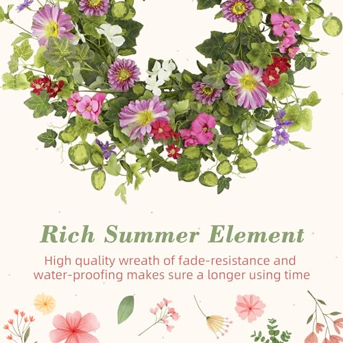 YNYLCHMX 20" Spring Summer Wreaths for Front Door, Artificial Floral Wreath with Pink Daisy & Green Eucalyptus Leaves, Green Foliage Wreath for Wall Window Farmhouse Party Holiday Home Decor - color: Pink Daisy