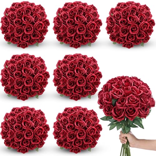 Lyrow 200 Pcs Artificial Roses Realistic Flowers Bulk Real Looking Fake Silk Rose Bouquets with Long Stem Flowers for Wedding Table Centerpieces Bridal Shower Party Home Garden Decor (Wine Red) - color: Wine Red