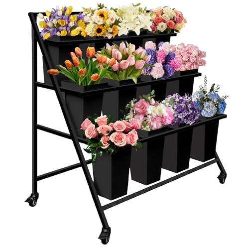 PROLEE Flower Display Stand with 12 Buckets, Flower Cart 3 Layers, Flower Stand Metal with Wheels, Moving Florist Bouquet Shelf, Triangular Rack Black - color: Black