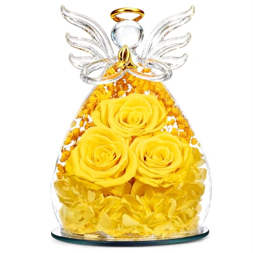 Beferr Gifts for Mom Birthday Gifts for Women, Fresh Flowers for Delivery Forever Preserved Rose in Glass Angel Figurine, Anniversary Christian Real Rose for Grandma Wife Mother from Daughter Son - color: F Yellow
