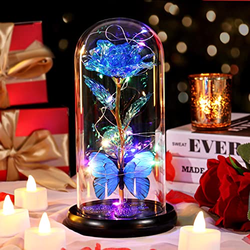 Gifts for Mom Birthday Gifts for Women Blue Rose Eternal Flower Light Up Rose in Glass Dome with Butterfly, Galaxy Crystal Flowers Gifts for Grandma Wife Daughter Her Delivery Prime - color: Sky Blue