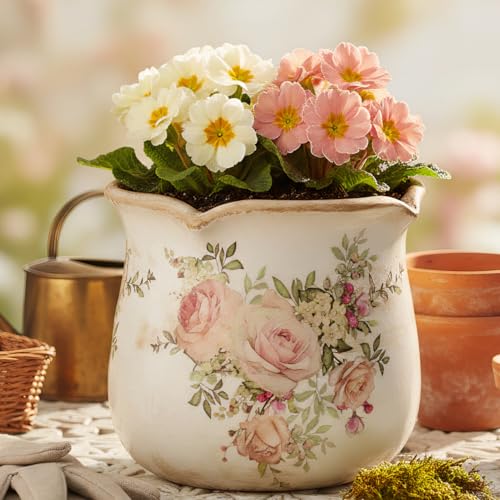 Xiaan Jiaju Ceramic Flower Vase, Rustic Farmhouse Vases & Planting Pots with Drainage, European Home Decor for Mantel Fireplace Bookshelf Wedding Centerpieces, Pink Rose Floral - color: Ivory Blush Floral