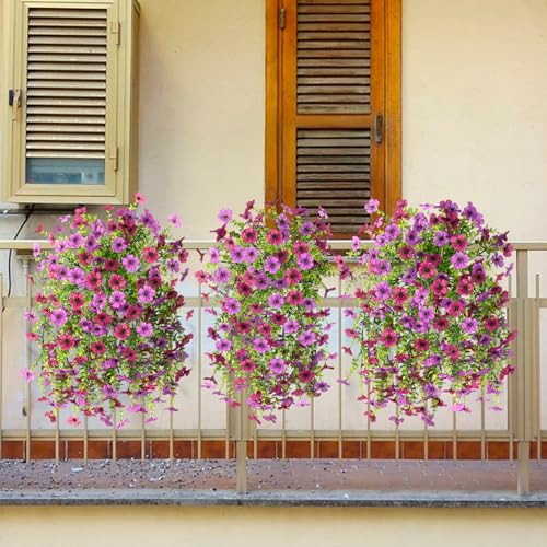 ZFProcess Artificial Hanging Flowers for Outdoors Spring Decoration, 2PCS Silk Fake Daisy Realistic Outdoor Flowers UV Resistant Porch Patio Window Yard Decor(Light Purple Red) - color: Light Purple Red