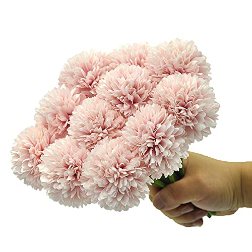 10Pcs Artificial Fake Flower Plants Silk Chrysanthemum Ball Hydrangea Arrangements Wedding Bouquets Decor Home Kitchen Garden Party Table Floral Centerpieces DIY (Light Pink) - color: Light Pink