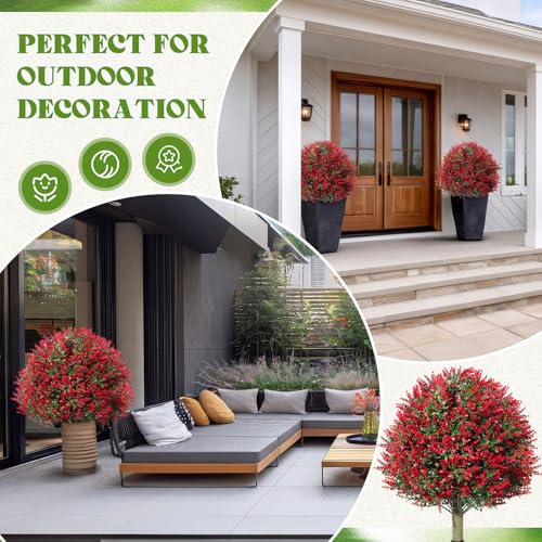 Lunmon 2 Pack 24" Artificial Topiary Ball Plants Trees with Flowers, Outdoor Fake Topiary Plants with Ground Spike, UV Resistant Faux Bushes for Indoor Outdoor Front Door Decor - color: Red, style: Lavender