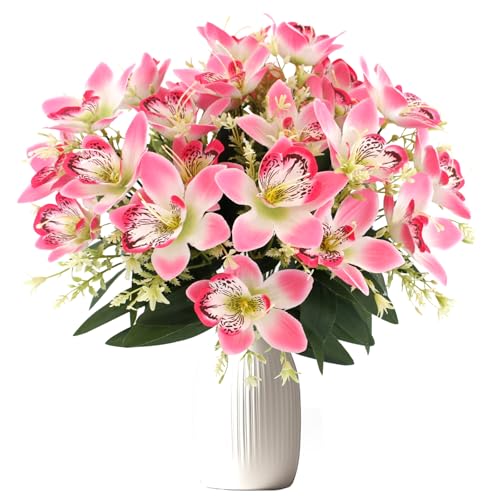 Coreland 12pcs Artificial Flowers Faux Cattleya Flower Bouquet for Vase Table Decorations Silk Flowers for Home Decor DIY Party Wedding Centerpieces Indoor Outdoor Arrangements (Vase not Included) - color: Pink - 12 Pcs