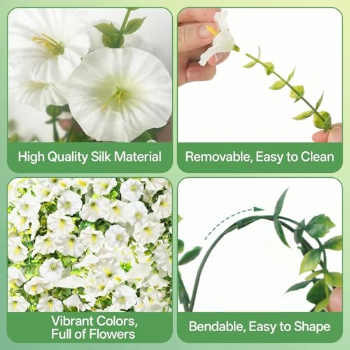 Artificial Hanging Flowers for Outdoors, 6 PCS Silk Morning Glory Artificial Flowers with Eucalyptus Leaves, UV Resistant Fake Flower Realistic Faux Plants for Home Patio Porch Garden Decor, White - color: White