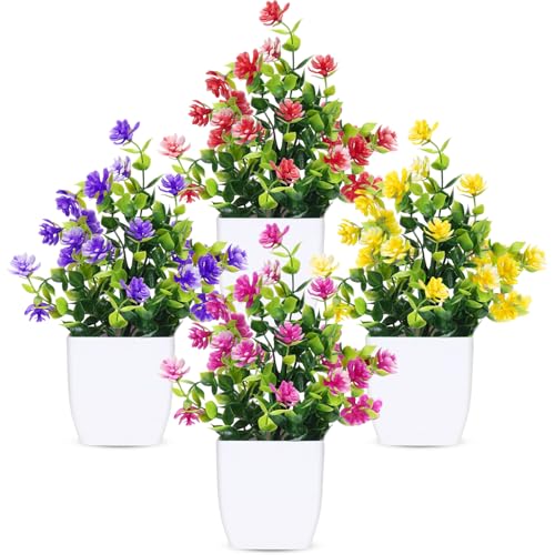 CEWOR Fake Flowers 4 Packs Artificial Plants Indoor Mini Eucalyptus Flowers Decorations for Spring Desk Wedding Bathroom Office Home Room Table Decor Indoor Outdoor - color: Mix Red Rose Yellow Purple
