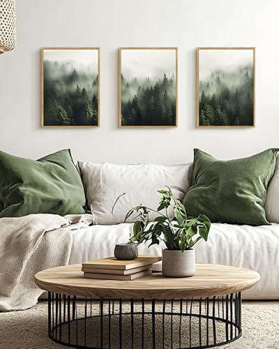 PHOPAGO Green Fog Pine Tree Framed Wall Art Nature Misty Nordic Forests Artwork Morden Paints for Living Room Hallway Decor - 12x16in Natural Framed - color: Green Pine Forest, size: 16L" x 12W" x 3 Pcs Natural