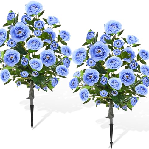 Lunmon 2 Pack 3ft Artificial Camellia Plants Tree 36" Faux Camellia Flower with Spike UV Resistant Realistic Fake Floral Blooming Bush for Indoor Outdoor Front Door Porch Backyard Garden, Light Blue - color: Light Blue, size: 3 ft