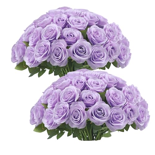 JUSMAI 50pcs Lavender Roses Artificial Flowers Lliac Roses Purple Roses Fake Roses Flowers with Long Stems Silk Flowers for Wedding Bouquet Centerpices Decorations Party Bridal Baby Shower - color: Lavender, size: 50PCS