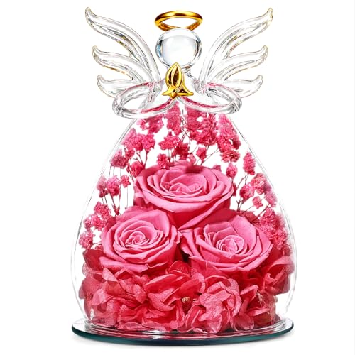 Beferr Gifts for Mom Birthday Gifts for Women, Fresh Flowers for Delivery Forever Preserved Rose in Glass Angel Figurine, Anniversary Christian Real Rose for Grandma Wife Mother from Daughter Son - color: L Rose Pink
