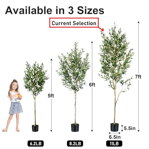 7FT Olive Tree Artificial Indoor - Tall Faux Olive Tree with Wood Trunk and Lifelike Fruits - Fake Plants in Pot for Home Office Living Room Decor - size: 7ft