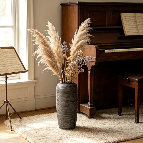 15.7 Inch Rustic Ceramic Large Floor Vase, Ribbed Textured Rustic Farmhouse Vase for Pampas Grass, Living Room & Entryway Décor, Handmade Ceramic Accent - size: 15.7 Inch