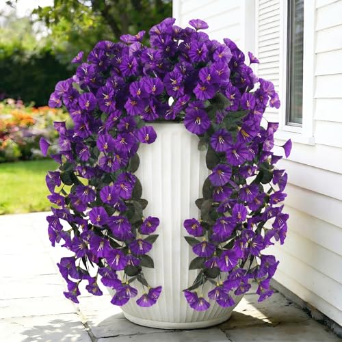 Artificial Flowers for Outdoors Fake Purple Morning Glory Hanging Flower Decoration, 2Pcs Realistic Faux Plants Petunias Long Trailing Vines,Spring Decor for Porch Patio Balcony Planter Yard - color: Morning Glory - Purple
