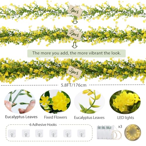 RECUTMS 3 Pcs Green Garland with Lights Fern Hanging Light Fake Hanging Vines Spring Garland with Lights Green Leaf Vines for Spring Home Wall Mantel Party Wedding Fireplace Decoration(Yellow) - color: Yellow With Lights