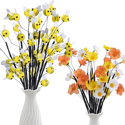 Watayo 24 Pcs Felt Bee Stems with Artificial Flowers Picks, Felt Honeybee Branches Floral Decorative Picks, Bees Daisy Stems Spray Vase Fillers for Table Centerpiece Tree DIY Craft Home Party Decor - color: Bees Flowers-24pcs