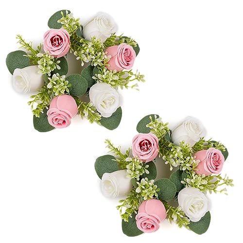 NUPTIO Flower Wreath for Table Centerpieces: 9.05 Inch Small Pink & White Candle Rings for Wedding Party Christmas Decorations - Rose Wreaths for Spring Summer Front Door Porch Decor 2 Pcs - color: Pink & White, size: Dia 9.05"-2pcs