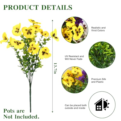 CEWOR Artificial Flowers for Outdoor Indoor, Fake Silk Pansy with Eucalyptus Leaves, Faux Flower for Garden Front Door Porch Planter Patio Home Decor (12 Bundles, Yellow White Purple) - color: 3 Color Pansy