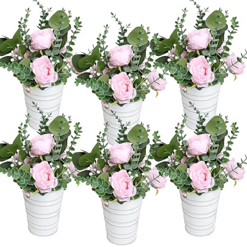 Wedding Flower Table Centerpieces - 6 PCS 10 Inches Artificial Floral Arrangement with Rustic Tall Metal Vase for Wedding Birthday Party Bridal Baby Shower Event Decorations - Pink - color: Pink, size: 6 X Flowers Table Centerpieces