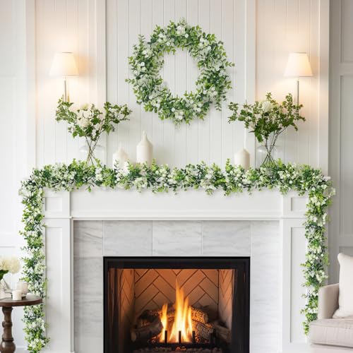 6FT Eucalyptus Garland with Flowers, 2 Pack Artificial Greenery Garland Hanging Summer Eucalyptus Garland Suitable for Table Wedding Backdrop Arch Wall Party UV Protected Indoor Outdoor Decor - size: 2 Pack