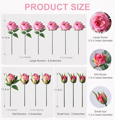 florisso Pink Austin Rose Faux Flowers - 13 Branches Silk Austin Roses for Wedding Bouquets, DIY Crafts & Home Decoration (Silk Artificial Roses) - color: Austin-pink