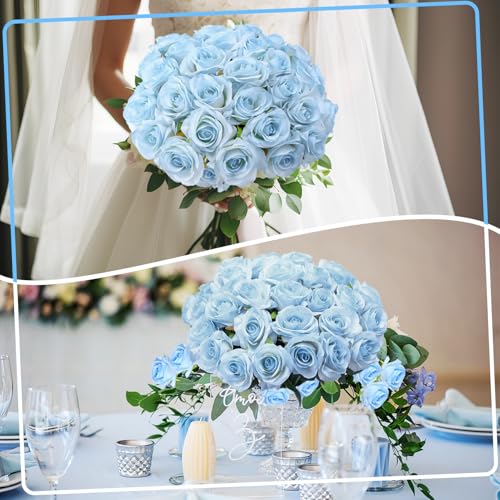 32 Pcs Ice Blue Artificial Roses Fake Flowers, Silk Flowers with Stems for DIY Wedding Bridal Shower Centerpieces Arrangements Tables Decorations - color: Ice Blue