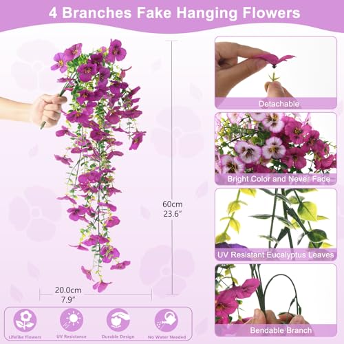 Fake Artificial Flowers for Outdoors, 4 Pcs Faux Hanging Pansy Flowers Spring Summer Decor, UV Resistant Fake Plants Silk Flower for Planter Front Door Porch Patio Yard Garden(Gradient Purple Red) - color: Gradient Purple Red