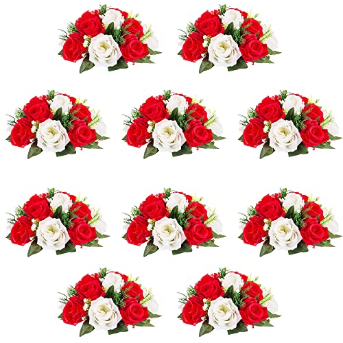 10Pcs Artificial Flower Ball Arrangement, Fake Floral Centerpieces Wedding Roses Bouquet for Parties Valentine's Day Wedding Centerpieces and Home Decor (Red & White) - color: Red & White