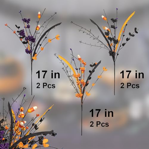 6 Pack Artificial Halloween Floral Picks Purple Orange Black Berry Stems Halloween Tree Branches with Candy for Halloween Party Flower Arrangement Centerpieces