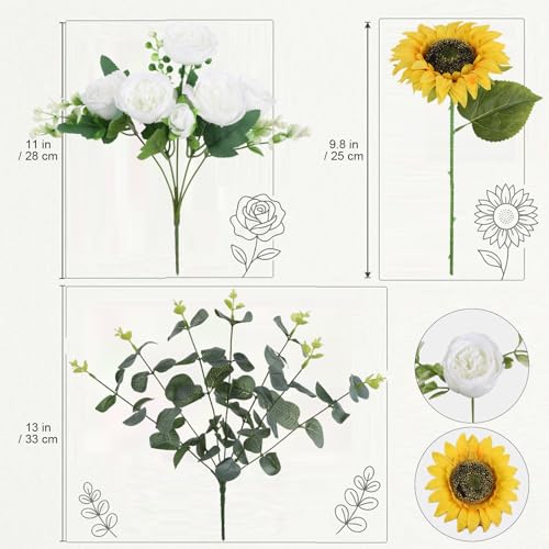 Sunflower Artificial Flowers Mixed Silk Fake Peonies Bouquet with Eucalyptus Stems for Floral Arrangement Spring Wedding Bride Home Table Centerpiece Decorations(White) - color: White