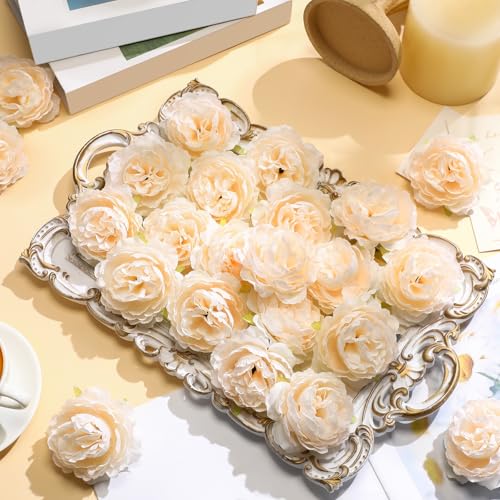 Thiccywoov 50 Pcs Artificial Flowers, 3.2 Inches Silk Rose Head Flowers Fake No Stem for Wedding Bridal Bouquet Home Floral Decor DIY Centerpieces Arrangements Party Tables Decoration(Champagne) - color: Champagne
