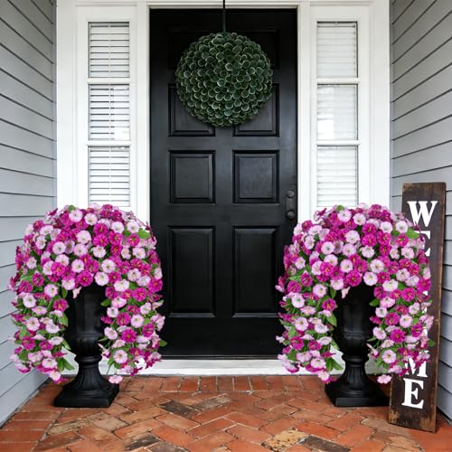 INXUGAO Artificial Fake Hanging Flowers Plants for Outdoor Decoration, 2PCS Faux Silk Morning Glory Long Vines Stems UV Resistant Look Real for Outside Home Porch Patio(Violet) - color: Violet