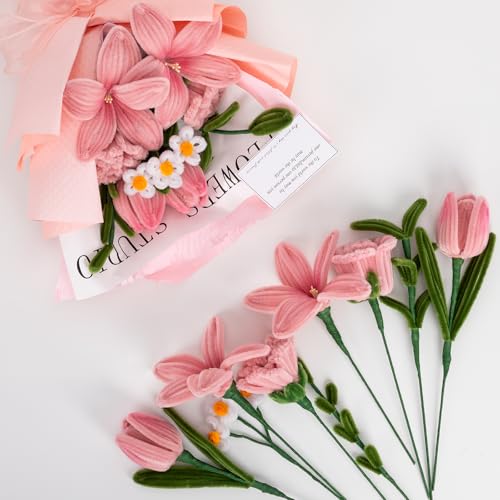 17.7inch Completed Pipe Cleaners Flowers Bouquet, Pink Handmade Pipe Cleaners Bouquet, 2 Tulip 2 Lily 2 Rose 3 Daisy 9 PCS for Valentine’s Day Mother's Day Birthday Anniversary Wedding Home Decor - color: (Pink）tulip Rose Lily