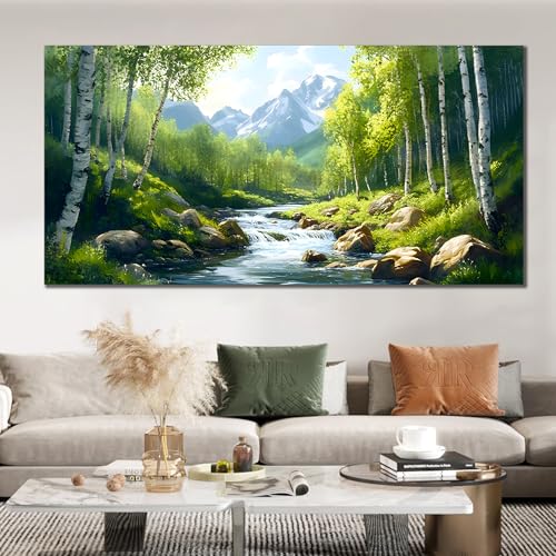 SSNEEKNDG Green Forest Large Wall Art for Living Room Tree Pictures Landscape Mountain Artwork for Bedroom Office Kitchen Canvas Prints 29"x58" - size: 29"L x 58"W