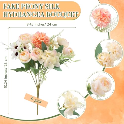 Tigeen 6 Bundles Artificial Bouquet Flowers Artificial Peonies Faux Roses Hydrangea Flowers Bouquet for Wedding Table Centerpiece Floral Vase Decor (Champagne) - color: Champagne