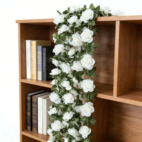 Artificial Flower Garland 90.5 Inch/230CM - Fake Roses Vines Floral Vines, Silk Faux Plastic Hanging Floral Garland for Wedding Arch, Bedroom, Home Wall, Backdrop, Outdoor & Indoor Decor (White) - color: White