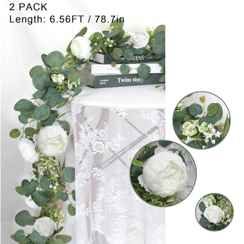 2 Pack 13FT Flower Garland, Artificial Rose Vine Fake Flower Garland Silk Rose Peony Hanging Vine Faux Floral Vine for Wedding Party Arch Table Wall Backdrop Decoration (White) - color: White, size: 2PCS
