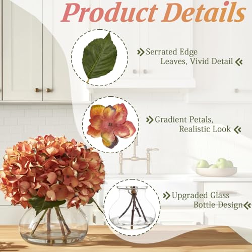 Orange Artificial Hydrangea Flowers with Glass Vase, Faux Floral Arrangements with Fake Water, Lifelike Hydrangeas Table Centerpieces for Dining Room, Coffee Table, Bathroom Decor - color: D-orange