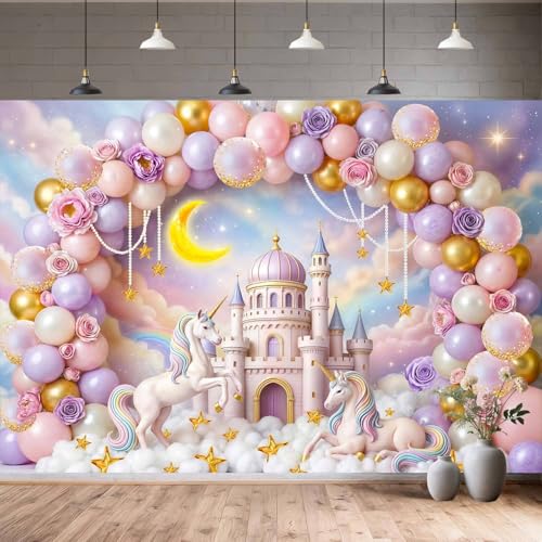 5X3ft Princess Castle Balloon Arch Backdrop Rainbow Clouds Unicorn Fairy Tale Photography Background for Birthday Wedding Baby Shower Cake Table Decoration Photo Booth Wall Decor Banner - color: Multi8, size: 5X3FT