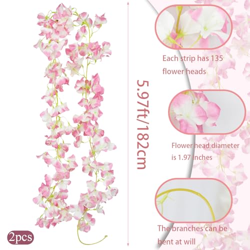 2 Pcs Artificial Bougainvillea Flowers Garland Fake Silk Bougainvilleas Vines Trailing Pink Faux Hanging Flowers Plants Bougainvillea Artificial for Porch Wedding Arch Spring Summer Decor - color: Pink