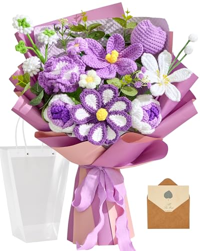 Alecono Large Crochet Flower Bouquet, Knitted Artificial Flowers, Crochet Tulip as a Gift for Valentines Day Mothers Day, Graduation Gifts for Girls Women (Purple) - color: Purple, size: X-Large