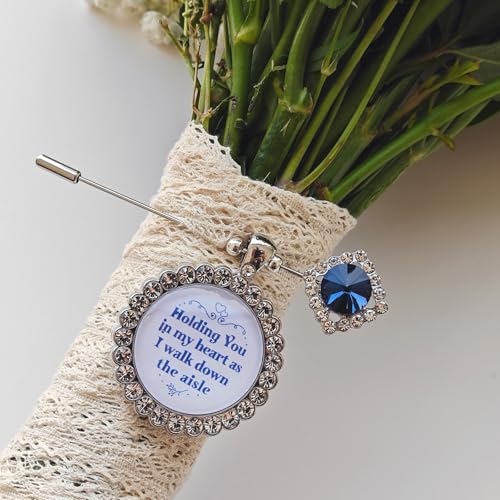 Something Blue Gift for Bride Bouquet Charms for Wedding Memory, Bridal Shower Gifts from Mom,Rhinestone Artificial Sapphire Wedding Gifts Bouquet Dress Pin with Touching Saying - style: Holding You (WhiteK)