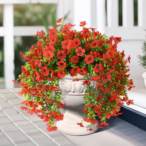 INQCMY 2Pcs Artificial Fake Hanging Flowers for Outdoors UV Resistant Artificial Plants for Spring Summer Decor Look Real Faux Flowers for Outside Home Planter Porch Patio Decor - color: Red